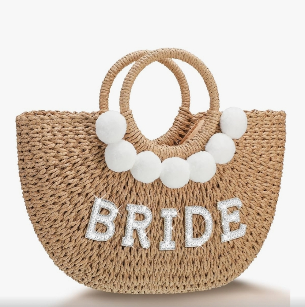 Natural Straw Bride Tote Bag with White Pom Trim